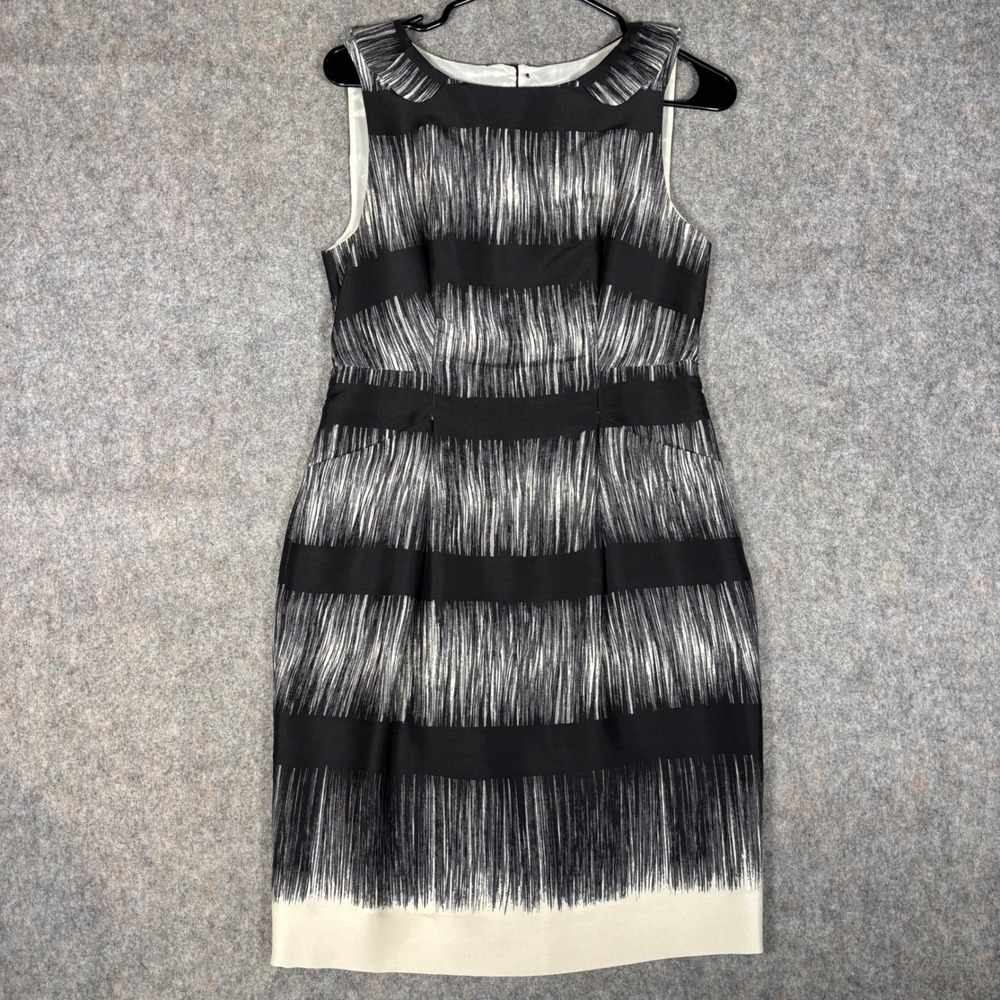 Banana Republic Silk Sheath Dress Women 4 Black White Stripe Ruffle S/670860